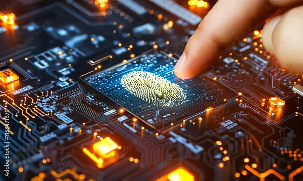 Aufkleber a close-up of a circuit board with a glowing fingerprint scanner being activated by a finger.