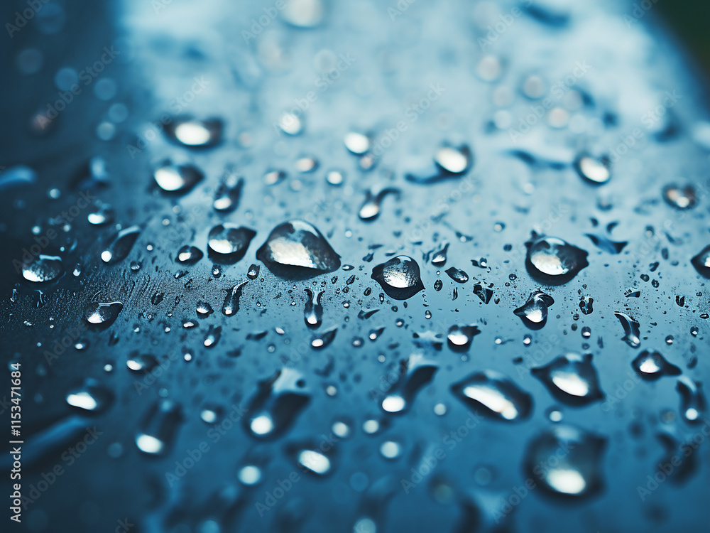 Poster close-up shot of rainwater drops falling on a concrete floor creating natural patterns