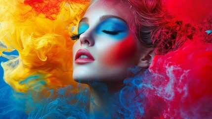 Fototapeta premium Woman with colorful artistic makeup in a cloud of color