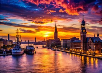 Fototapeta premium Hamburg Cityscape Silhouette at Sunset - Dramatic Skyline Stock Photo