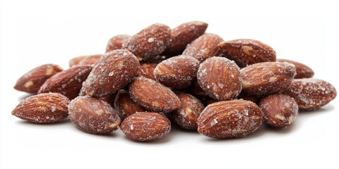 Fototapeta premium Salt roasted almond on a clean white background, showcasing the savory appeal of salt roasted almonds. The salt roasted almond offers a tasty and crunchy snack option, ideal for any occasion.