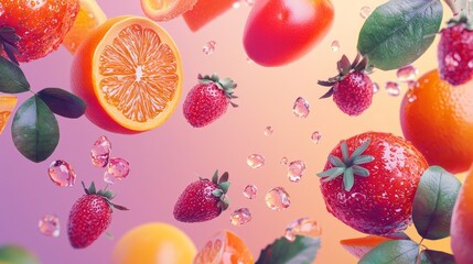 Fruits in water splash on pink backdrop