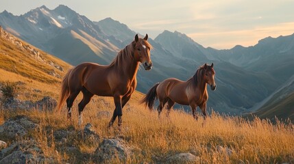 Obraz premium Majestic wild horses roam amidst breathtaking mountain scenery, showcasing the beauty of wild horses in a stunning natural landscape. Experience the allure of wild horses against vibrant mountain