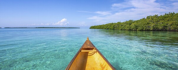 Joint adventures gliding across sparkling lakes, paddling toward endless horizons, vibrant turquoise waters under bright, azure skies.