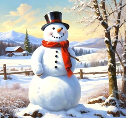 Obraz premium Illustration of snowman with winter landscape.