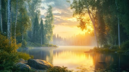 Fototapeta premium Sunset in Forest Near Water
