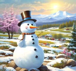 Obraz premium Illustration of snowman with winter landscape.