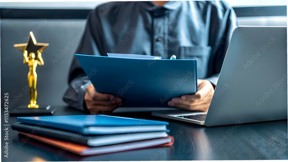 Poster job seeker reviewing work experience for interviews with accomplishments and empty space for text