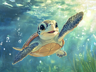 Smiling baby turtle swim under water illustration