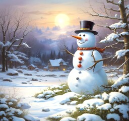Obraz premium Illustration of snowman with winter landscape.