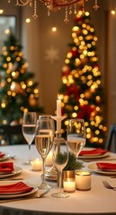 Set for a special occasion, the table features glassware and cutlery, adorned with fresh roses and glowing candles. A beautiful tree with twinkling lights enhances the festive atmosphere.