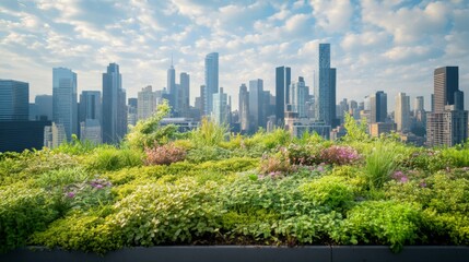 Fototapeta premium Green Rooftop Garden Overlooking a City Skyline