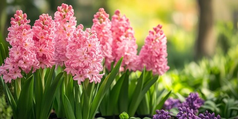 Obraz premium Vibrant pink hyacinths blooming in a lush garden, showcasing the beauty of pink hyacinths and their enchanting colors amidst the greenery in a serene outdoor setting.