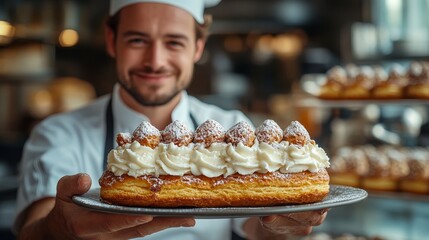 Smiling baker holds a freshly made pastry topped with whipped cream and sprinkled with powdered sugar in a kitchen