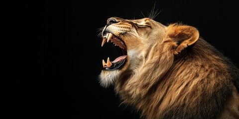 Fototapeta premium Profile view of a roaring lion Panthera leo , showcasing its sharp teeth. This majestic lion captivates with its powerful presence and fierce expression. Roaring lion imagery highlights wildlife