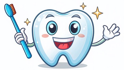 Happy Cartoon Tooth Brushing with Toothbrush - Cute Dental Hygiene Illustration