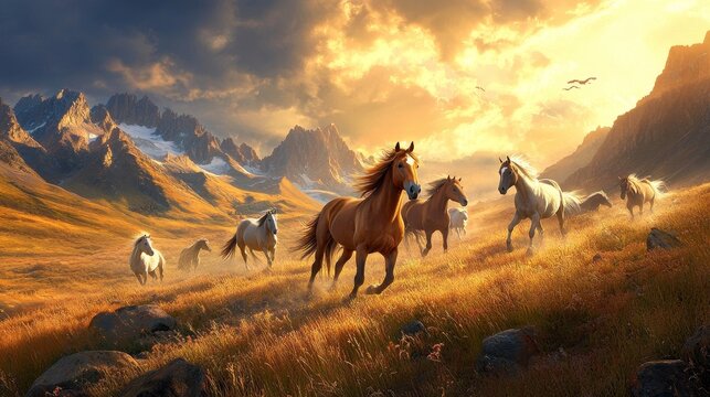 Majestic wild horses roam amidst breathtaking mountain scenery, showcasing the beauty of wild horses in a stunning natural landscape. Experience the allure of wild horses against vibrant mountain