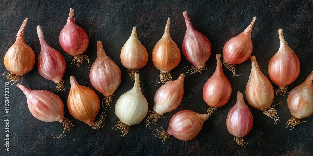 Poster a collection of shallots arranged for cooking spices. this view of shallots highlights their importa