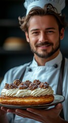 Chef in a white uniform is proudly presenting a pastry topped with cream and crunchy toppings, smiling warmly