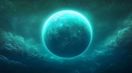 Obraz premium Stunning Teal Planet Glowing Mysteriously in Dark Space: Digital Painting Illustration. AI Generated