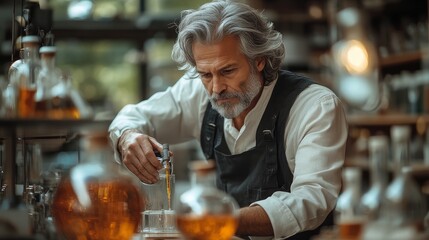 Man with gray hair and beard, wearing an apron, is carefully working with glassware in a laboratory setting