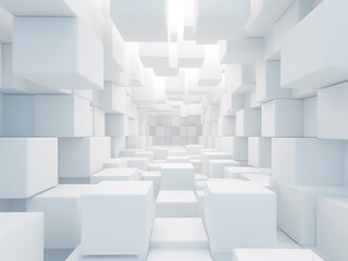 3D rendering of white cube structures forming an abstract, futuristic backdrop