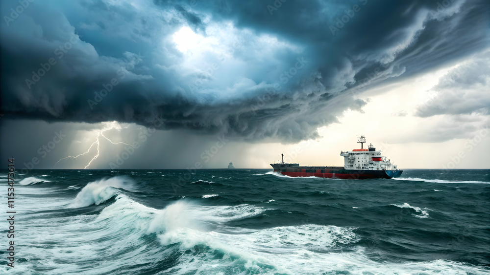 Poster seascape and ocean and clouds concept as a corporate ship navigating under dramatic clouds over the 