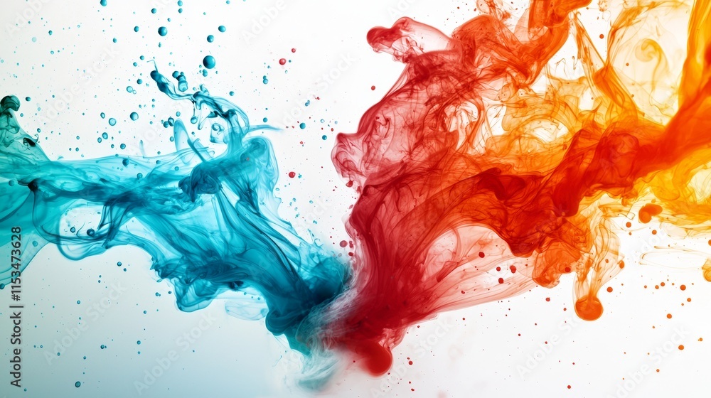 Poster vivid blue and vibrant red ink splashing dynamically on a white background
