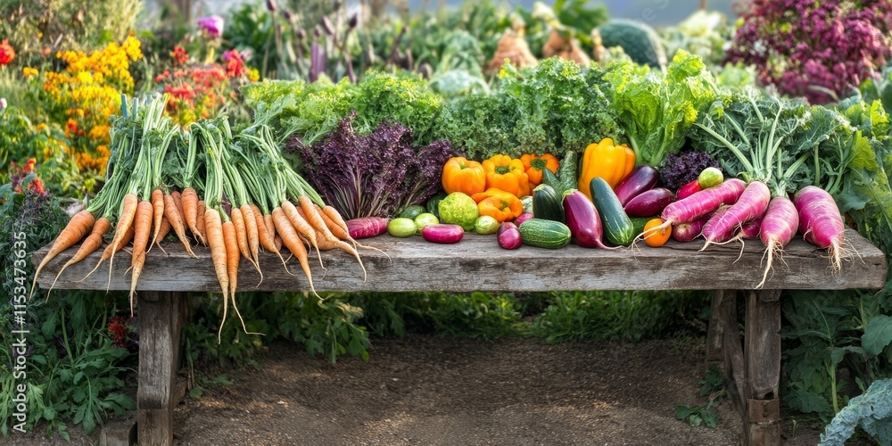 Poster fresh vegetables displayed on a rustic wooden table in a vibrant garden setting, showcasing an array
