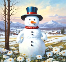 Obraz premium Illustration of snowman with winter landscape.