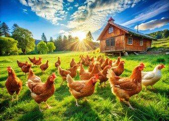 Happy Hens on a Sunny Farm - Free Range Chickens in Pasture
