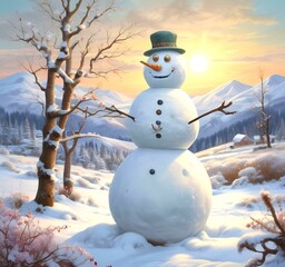 Obraz premium Illustration of snowman with winter landscape.