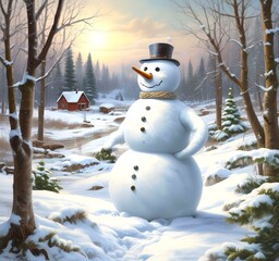 Obraz premium Illustration of snowman with winter landscape.