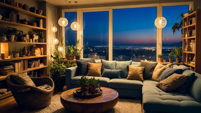 Video footage of cozy living room with a large sectional sofa, round wooden coffee table, and numerous plants. Large windows offer a stunning cityscape view at dusk