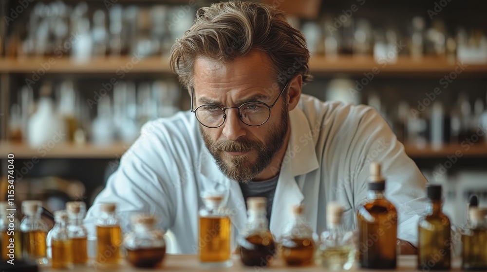 Poster man with glasses is intently studying various bottles filled with liquids, possibly in a laboratory 