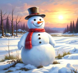 Fototapeta premium Illustration of snowman with winter landscape.