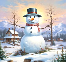 Obraz premium Illustration of snowman with winter landscape.