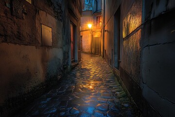 Obraz premium narrow alleyway at night illuminated by single flickering streetlamp