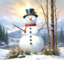 Obraz premium Illustration of snowman with winter landscape.