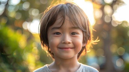 Portrait of a cute little asian boy in the park.