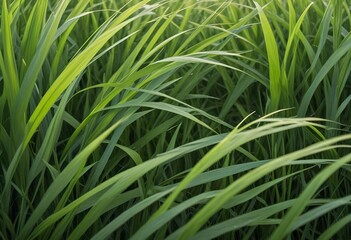 A closeup image of lush green grass blades swaying
