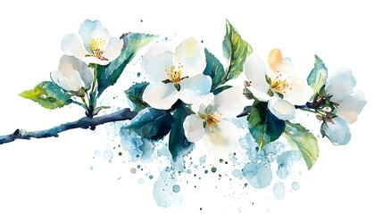 Fototapeta premium Delicate Watercolor Painting: Spring Blossoms Gently Flourishing on Branch. AI Generated