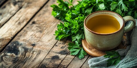 Herbal tea in a mug alongside fresh green parsley leaves on a wooden table. This aromatic herbal tea features the beneficial properties of parsley, an essential plant for cooking and wellness.