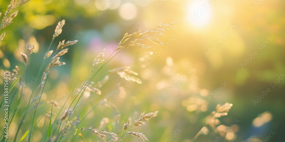 Poster close up view of grass showcasing beautiful bokeh effects, emphasizing local focus and intricate det