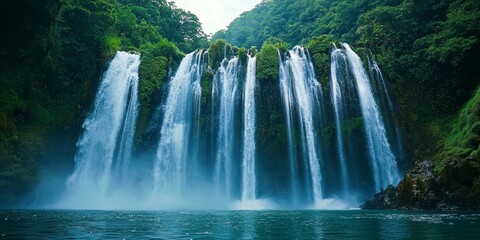 Obraz premium Captivating vision of water cascading down a magnificent waterfall, showcasing the natural beauty of water falling in a breathtaking display. Witness the power of water in this stunning imagery.