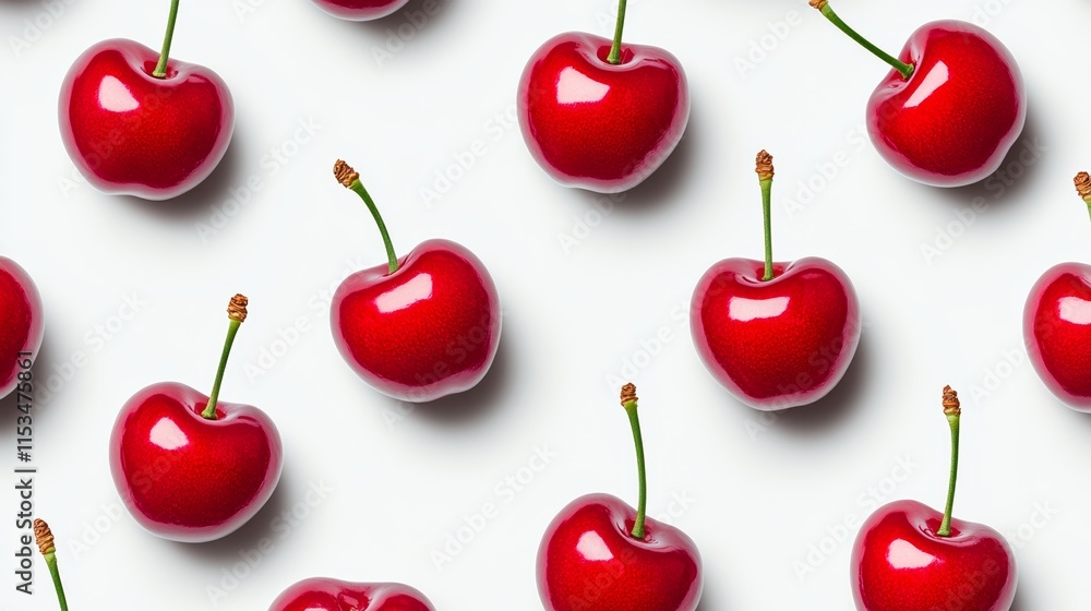 Poster row of red cherries are arranged in a pattern on a white background. the cherries are arranged in a 