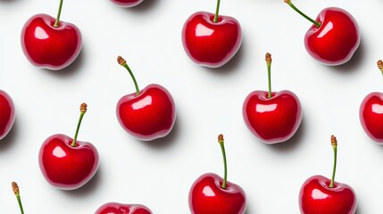 Row of red cherries are arranged in a pattern on a white background. The cherries are arranged in a way that they look like they are connected to each other, creating a sense of unity and harmony