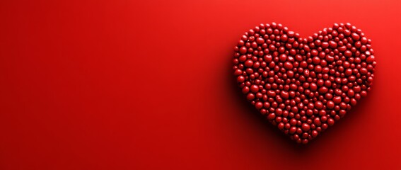 Red heart made of small red balls. The heart is surrounded by a red background. The heart is the main focus of the image