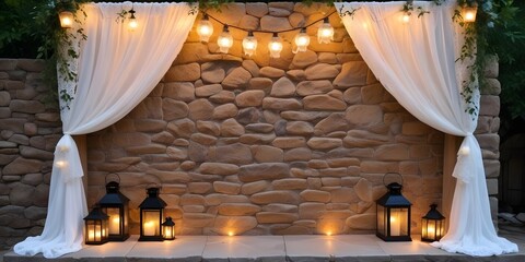 A stone wall with lanterns and lace panels, creating a rustic and inviting vibe