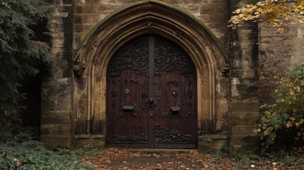 Ornate Wooden Door in Ancient Stone Archway
